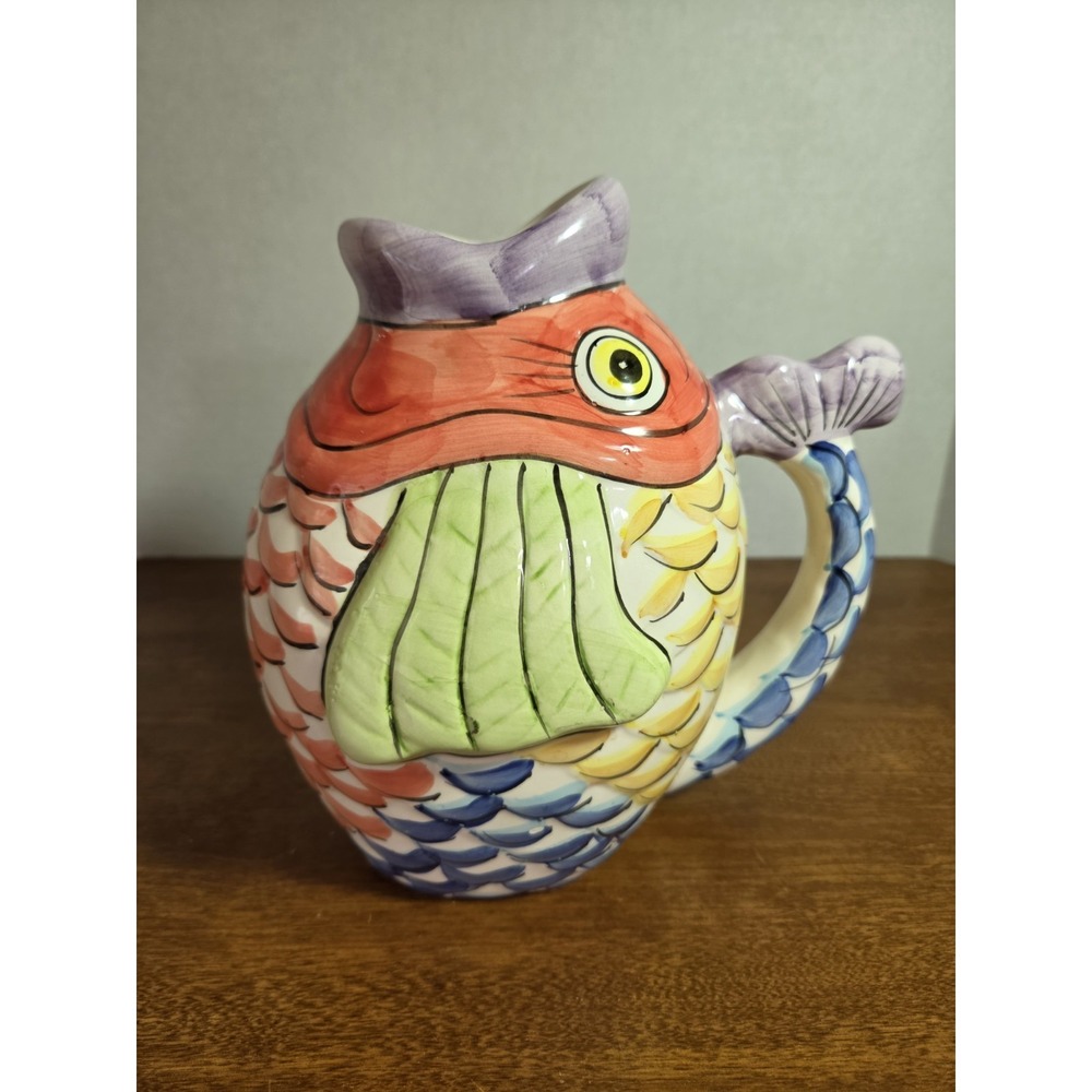 Vintage‎ WCL China Koi Fish Ceramic 8" Water Pitcher Whimsical Kitchen Decor